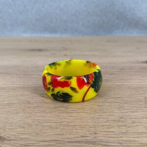 Vintage Laminated Lucite Bangle Bracelet Bright Yellow Red Green Floral Chunky
